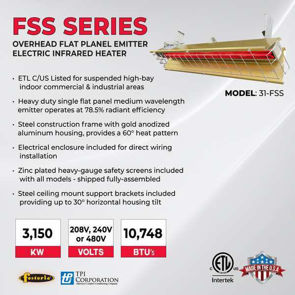 Infrared Overhead Electric Heater, Aluminum, 208 V